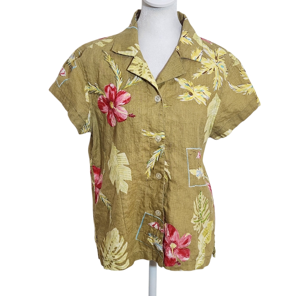 Studio JPR Tan Floral Button-Up Linen Top Size Small Tropical Floral Blouse